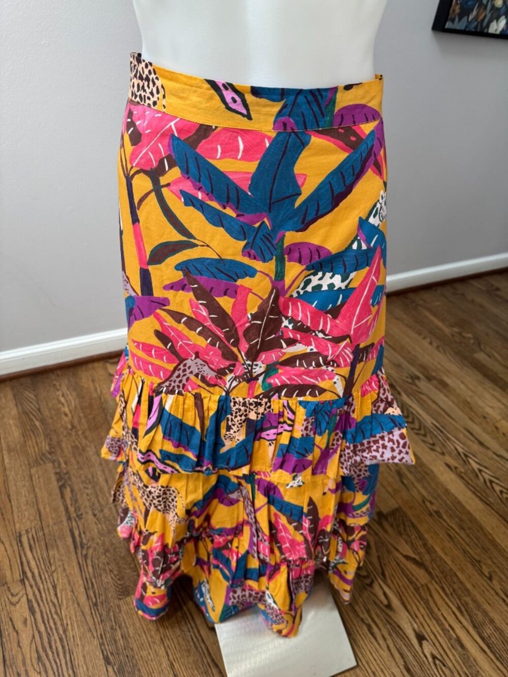 OLIPHANT Vibrant Tropical Cotton Ruffle Tiered Maxi Skirt Multi Medium